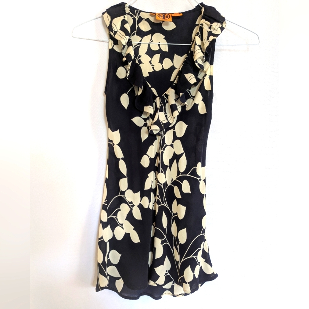 Tory Burch Size 2 100% Silk Sleeveless Ruffle Top Blouse Navy Blue Cream Light